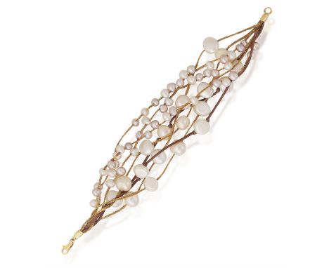 PIETRO BALESTRA: A FRESHWATER CULTURED PEARL BRACELETComposed of six woven fine-link chains and two plated brown coloured cor