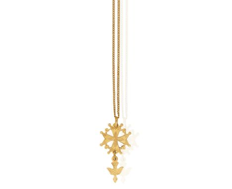 AN 18K GOLD PENDANT NECKLACEThe Saint Esprit pendant suspended from a fine curb-link chain necklace, in 18K gold, French make