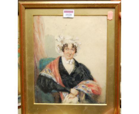 Late 19th century English school - half length portrait of a woman wearing a lace bonnet, watercolour with body colour, 26x21