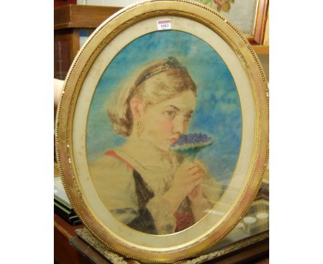 19th century school - portrait of a girl, watercolour, together with pastel portrait, and apple pickers - pastel (3)