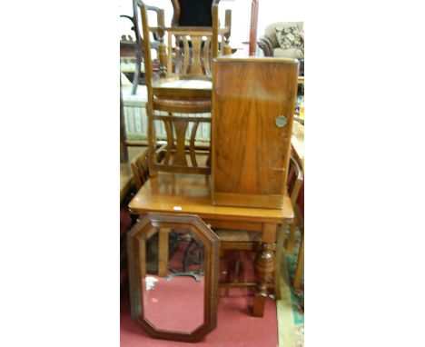 Occasional furniture, to include; a 1930s drawleaf dining table, with four similar slatback dining chairs, a hat-stand, a fig