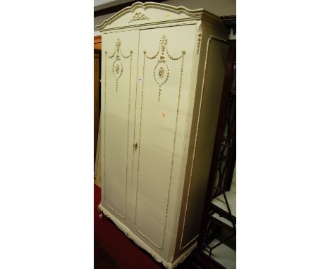 A contemporary French style white wood double door wardrobe; together with a near-matching double headboard and footboard (2)