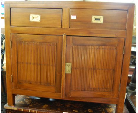 A contemporary walnut and bamboo inset low double door side cupboard, having twin upper drawers, width 90cm