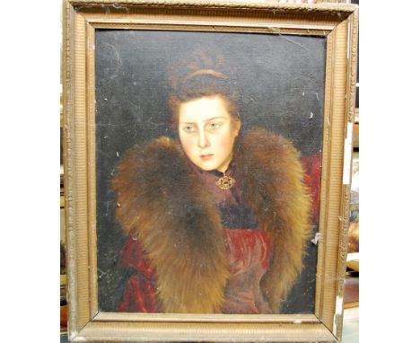 Circa 1900 school - Half-length portrait of a young woman with feather boa, oil on board, 62 x 49cm