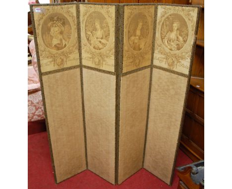 A needlework and brass studded four-fold dressing screen, each with upper portrait studies of French society figures, each pa