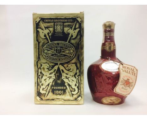 ROYAL SALUTE AGED 21 YEARS RUBY DECANTER
Blended Scotch Whisky
70cl, 40% volume, in velvet bag and carton. 
 CONDITION REPORT