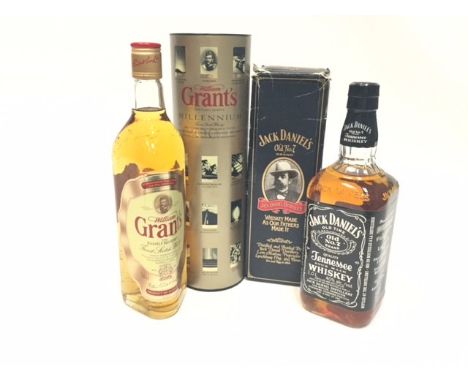 JACK DANIELS OLD NO. 7 BRAND
Tennessee Sour Mash Whiskey.
1 litre, 40% volume, in carton
GRANT'S MILLENNIUM
Blended Scotch Wh