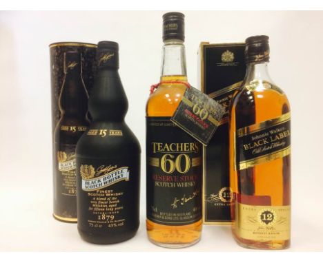 BLACK BOTTLE AGED 15 YEARS
Blended Scotch Whisky. 
75cl, 43% volume, in tube. 
JOHNNIE WALKER BLACK LABEL AGED 12 YEARS
Blend