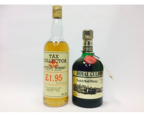ROYAL CULROSS AGED 8 YEARS
Scotch Malt Whisky
26 2/3 fl.oz. 75° proof. 
TAX COLLECTOR £1.95
Blended Scotch Whisky
75cl, 40% v