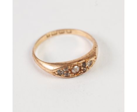 VICTORIAN 18ct GOLD RING, the lozenge shaped top set with a centre seed pearl flanked by two tiers of tiny diamonds, Birmingh