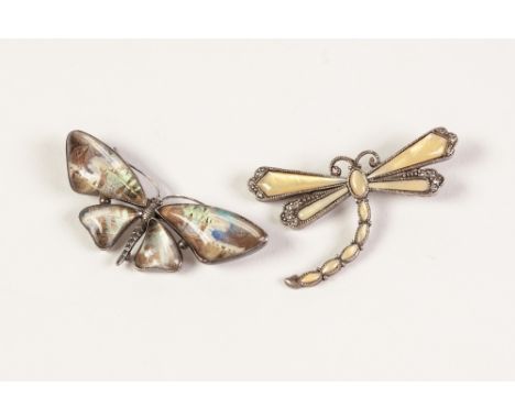 STERLING SILVER AND BUTTERFLY WING BUTTERFLY BROOCH, 2 1/2" wide and a  COSTUME BROOCH as a DRAGON FLY (2) 