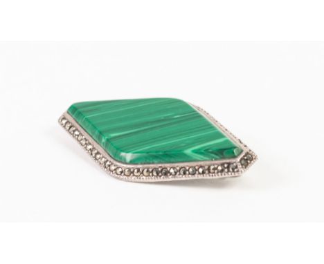 LARGE DIAMOND SHAPED MALACHITE BROOCH, in 'silver' and marcasite frame '925 mark'