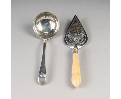 GEORGE II SILVER SAUCE LADLE, Early English pattern with feathered edge handle, engraved with a crest of depicting a phoenix 