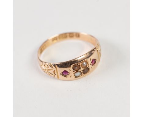 VICTORIAN 15ct GOLD RING, gypsy set with four seed pearls, flanked by two tiny rubies, engraved shoulders, Birmingham 1891, 2