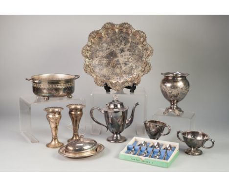 A SELECTION OF PLATED WARES including a WAITER, ENTREE DISH AND FLATWARE, three lady's WRIST WATCHES, a cigarette lighter etc