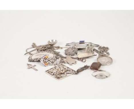 A LOOSE MOUNTED U.S.A. SILVER HALF DOLLAR 1964, on a chain, A SILVER 'SHERRY' DECANTER LABEL, sundry other hand crafted small
