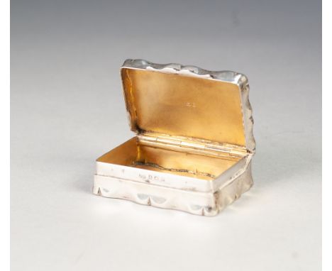 SILVER SNUFF BOX, oblong with shaped outline and sides, the hinged lid having engine turned decoration, 2 3/8" wide, maker Jo