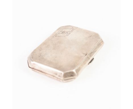 SILVER POCKET CIGARETTE CASE, oblong with canted corner and engine turned decoration, double sided, 3 1/2" wide, Birmingham 1