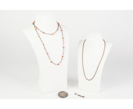 PAIR OF SILVER AND PASTE SET DROP EARRINGS; metal bar link and tiny pink coral bead continuous  NECKLACE; A VICTORIAN SILVER 