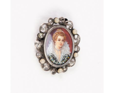 CONTINENTAL SILVER COLOURED METAL OVAL BROOCH/PENDANT, set with a painted oval miniature of a lady in period costume, the fra