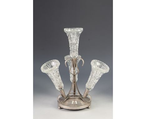AN EARLY TWENTIETH CENTURY PLATED EPERGNE with three pressed glass receivers 