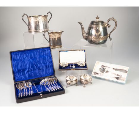 A LATE VICTORIAN/EDWARDIAN ELECTROPLATED  THREE PIECE TEA SERVICE, a PAIR OF GEORGIAN STYLE PLATED SALT CELLARS, AND A QUANTI