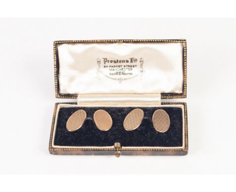 PAIR OF 9ct GOLD DOUBLE OVAL CUFFLINKS with engine turned decoration, Chester 1935, in case, 3.8gms   
