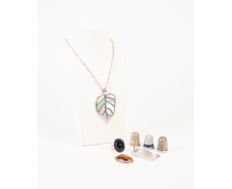 SILVER INGOT PENDANT, hallmarked 1977; CHAIN NECKLACE, with large leaf shaped pendant inset with mother o'pearl, both marked 