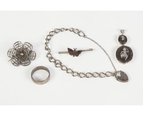 SILVER CURB PATTERN BRACELET  and padlock clasp; THAI NIELO WORK PENDANT, Sterling 'Silver' BAR BROOCH, the butterfly centre 