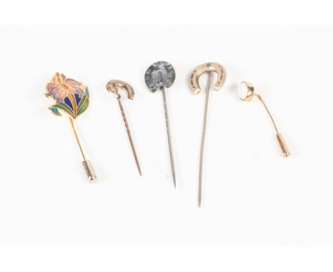 22ct GOLD STICK PIN, the top collect set with an oval opal; THREE STICK PINS with horseshoe pattern tops and modern enamelled