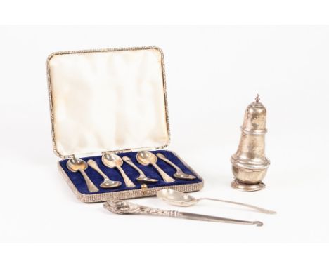 SET OF SIX 'GOLF' TEASPOONS, in case, Sheffield 1933,  A SILVER PRESERVES SPOON AND A BUTTON HOOK with silver handle, Birming