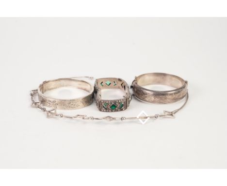 TWO SILVER STIFF BANGLES, ANOTHER WHITE METAL PASTE SET BRACELET, and a  MODERN DESIGN .925 marked NECKLACE (4) 