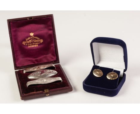 A PAIR  OF 9ct GOLD GENTLEMAN'S CUFF LINKS, each set with a tiny diamond,  TOGETHER WITH A LATE VICTORIAN SUITE OF THREE SILV