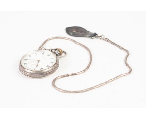 LIMIT SILVER OPEN FACED POCKET WATCH with Swiss keyless movement, white roman dial with subsidiary seconds dial, 2" diameter,