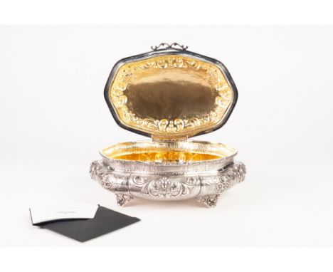 ITALIAN SILVER COLOUR METAL (800 mark) LARGE OVAL AND BOMBE BOWL with hinged low domed lid, gilt interior, the whorl chased a