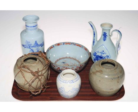 Chinese blue and white ewer, blue and white vase decorated with figures on rocky outcrop, three ginger jars and Chinese bowl.