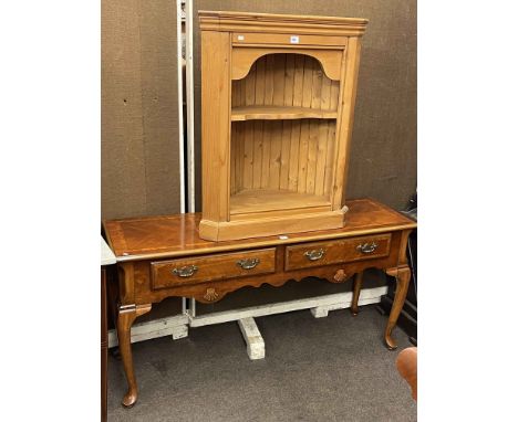 Walnut banded two drawer console table on cabriole legs and pine open corner cabinet (2).