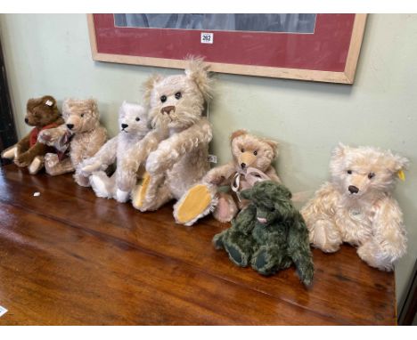 Seven Teddy Bears including Merrythought, Steiff, Thistle Down Bear, etc.