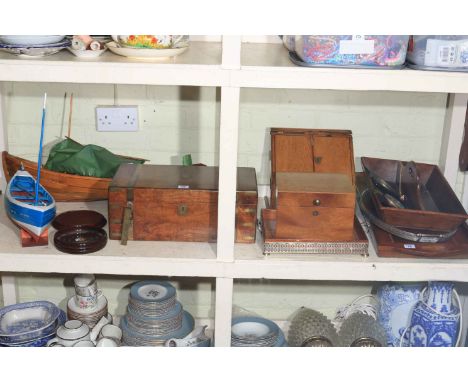 Victorian brass bound writing box, stationery cabinet, cutlery tray, inlaid tray, barometer, wooden boat on stand, etc.