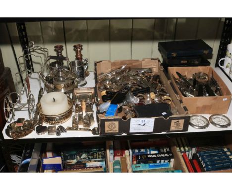 Collection of metalwares including cased cutlery, candlestick holders, teapot, etc.