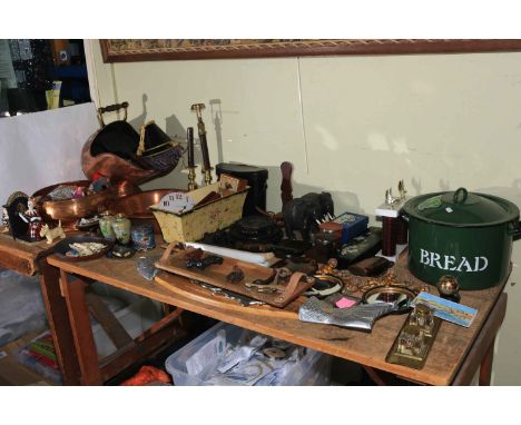 Collection of metal and wood wares including copper coal scuttle, enamel bread bin, cloisonné vases, binoculars, spirit cups,