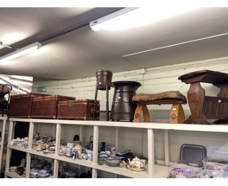 Set of three graduated wicker trunks, oak plant stand and similar planter, ½ barrel storage table, camel stool and Old Charm 