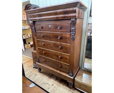 Victorian mahogany Scotch chest of five drawers on turned leg base, 183cm by 129cm by 62cm.