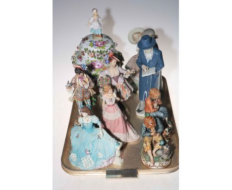 Meissen floral encrusted lidded jar, Lladro, Nao, Coalport, Wedgwood and Continental figures.