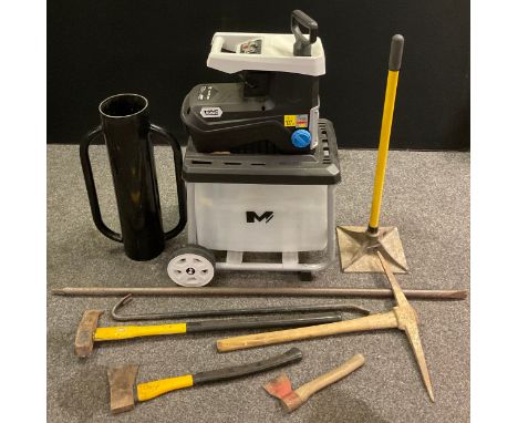 Tools and machinery - a MacAllister garden shredder, model no. MSHP2800D-2;  fence post driver;  tamper;  axes;  set of vinta