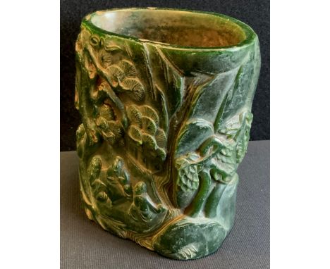 A Chinese green brush pot, possibly jade, impressed mark, 16x14cm 