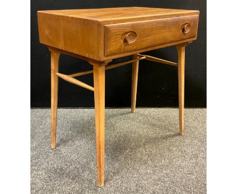 An Ercol desk, designed by Lucia’s Randolph Ercolani, c.1960, model number 437, in elm wood, single drawer to frieze, 74cm hi