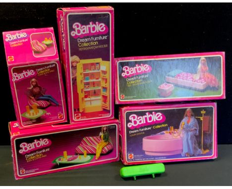 Toys and Juvenilia -  Barbie furniture Collection including sofa and coffee table refrigerator and freezer, desk and stool et