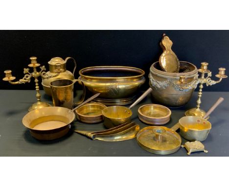 Metalware - Brass including; oval planter with stamped crest, unusual large handled chamberlain stick, pair of candelabrum, '