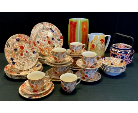 A Mason’s Bittersweet pattern part tea and dinner service - seven cups and saucers, seven dining plates, six side plates, six